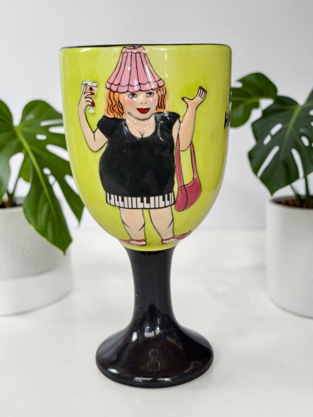 Vintage FUNSEEKERS Janice Joplin Night Out "GET HAPPY" Goblet Wine Glass MINT